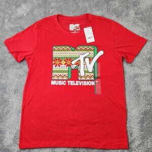 MTV‎ Music Television T-Shirt Womens M Red Ugly Sweater Graphic Cotton Xmas Tee